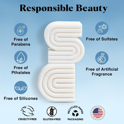 Bar of soap with 'Responsible Beauty' claims on a blue background