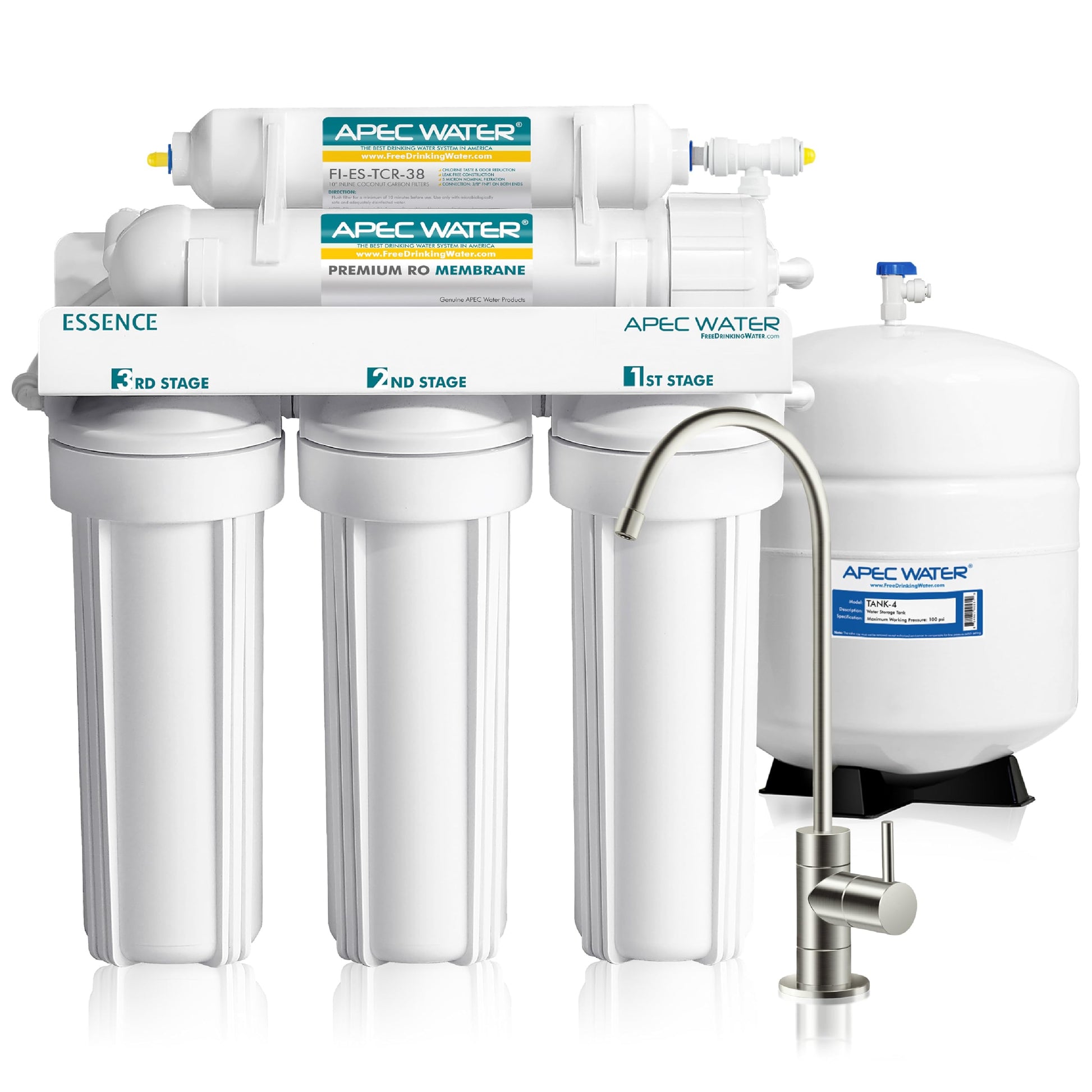 APEC Water filtration system with multiple stages on a white background
