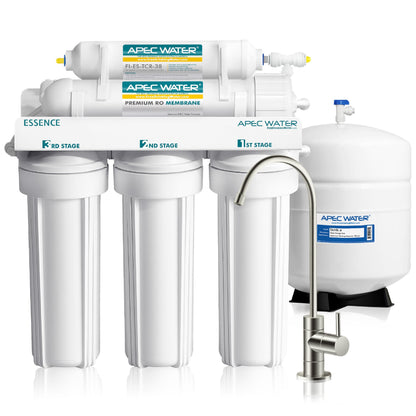 APEC Water filtration system with multiple stages on a white background