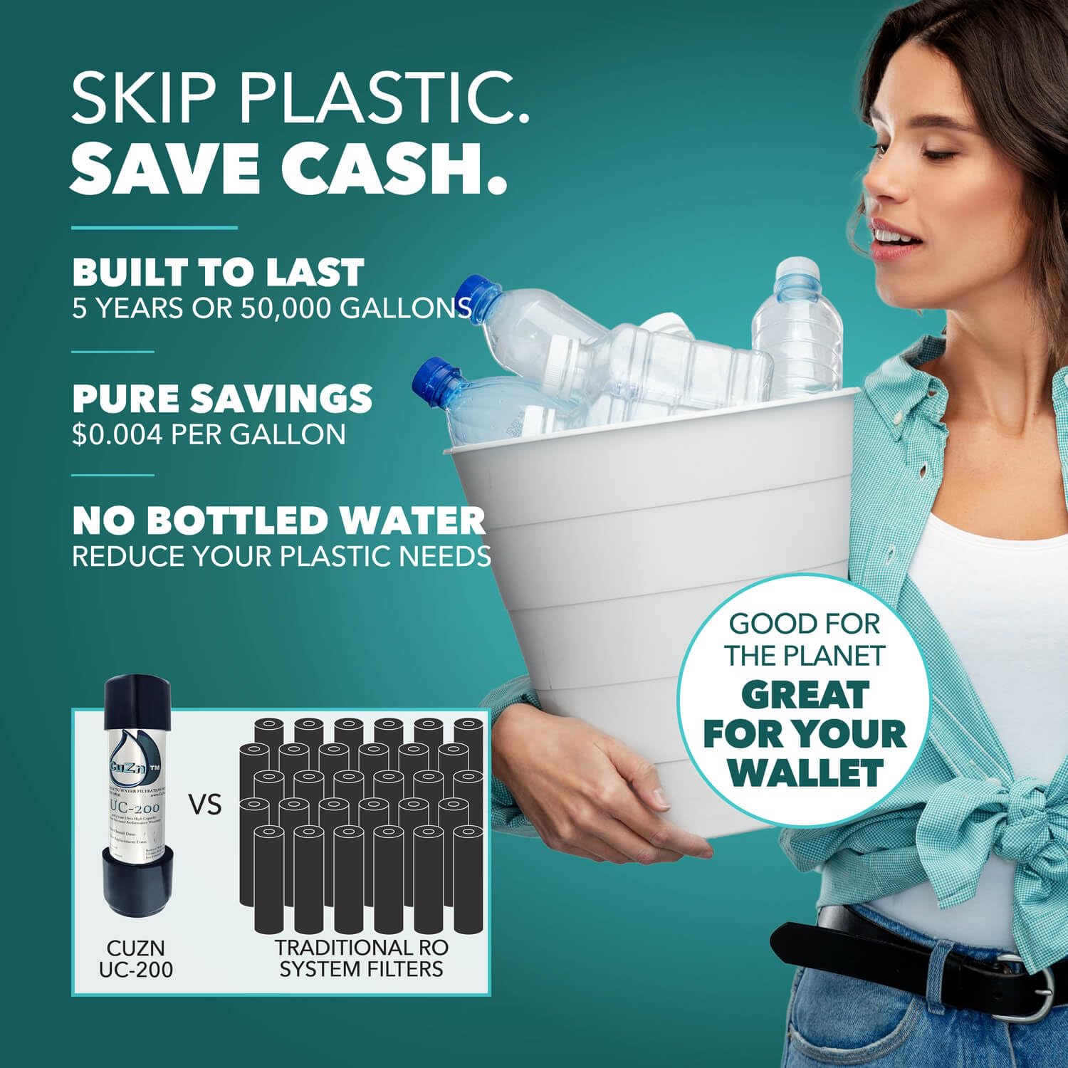 Person holding a bucket of water bottles with promotional text about skipping plastic and saving cash.