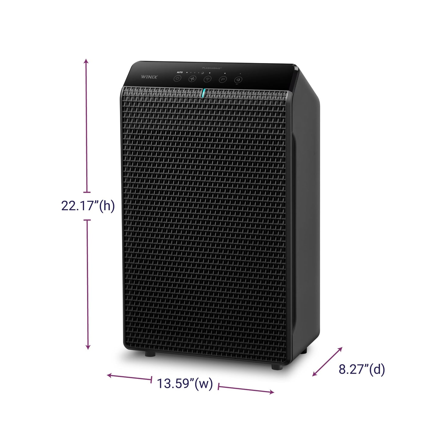 Black air purifier with dimensions labeled on a white background