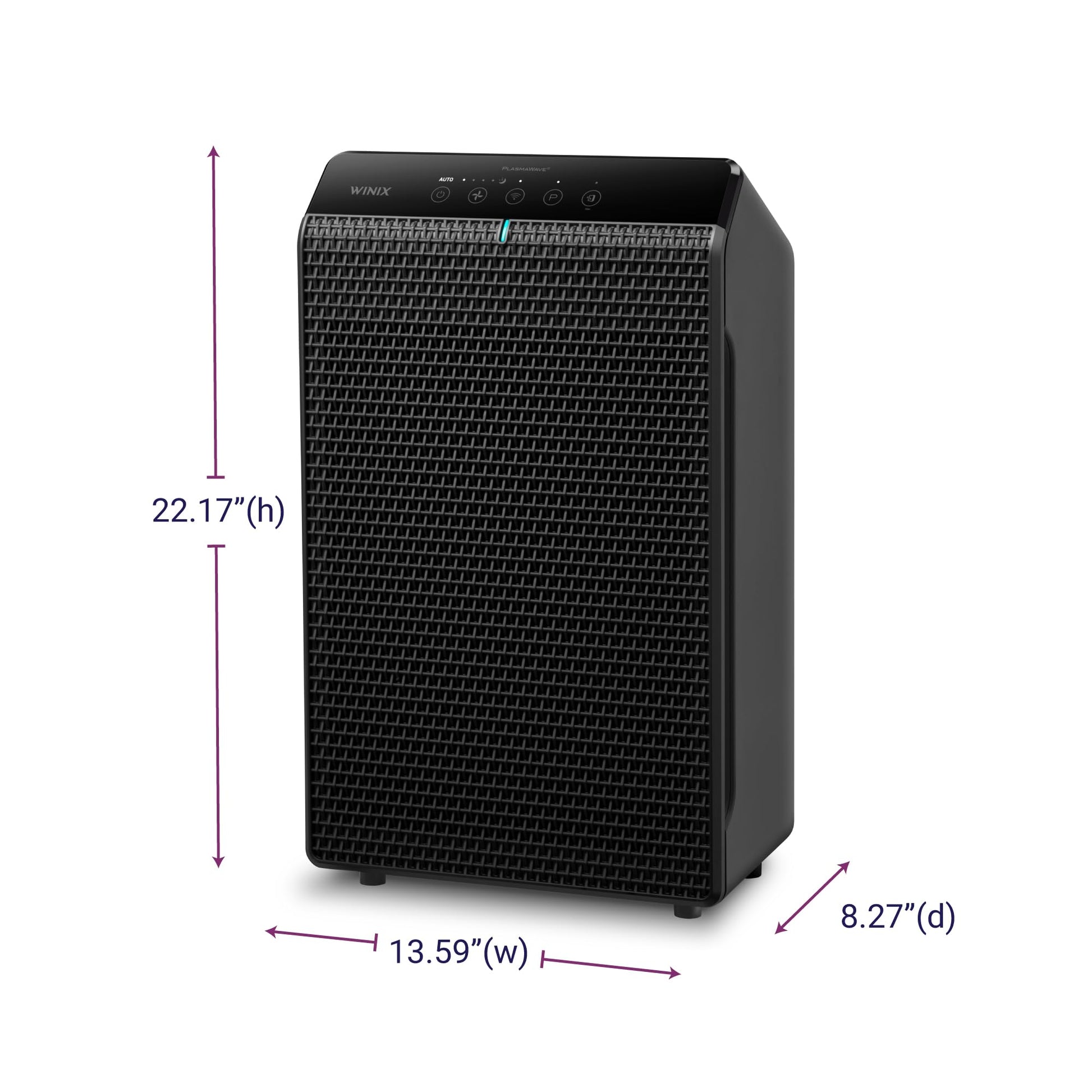 Black air purifier with dimensions labeled on a white background