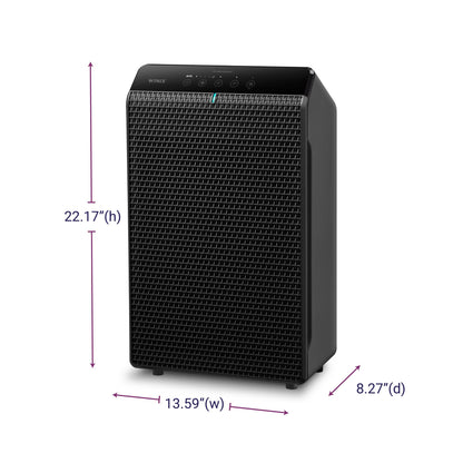 Black air purifier with dimensions labeled on a white background