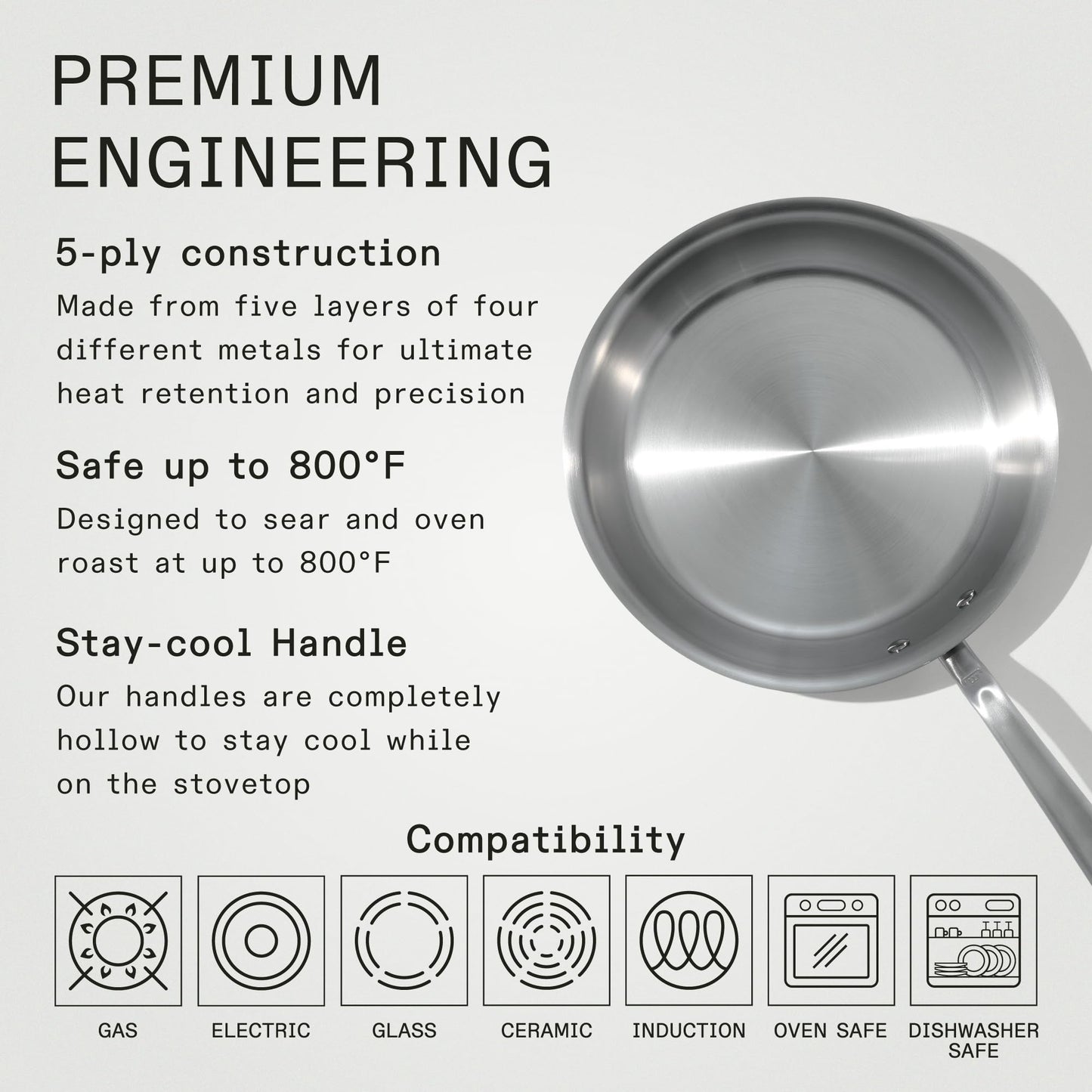 Stainless steel frying pan with text on premium engineering, 5-ply construction, heat retention, and compatibility.