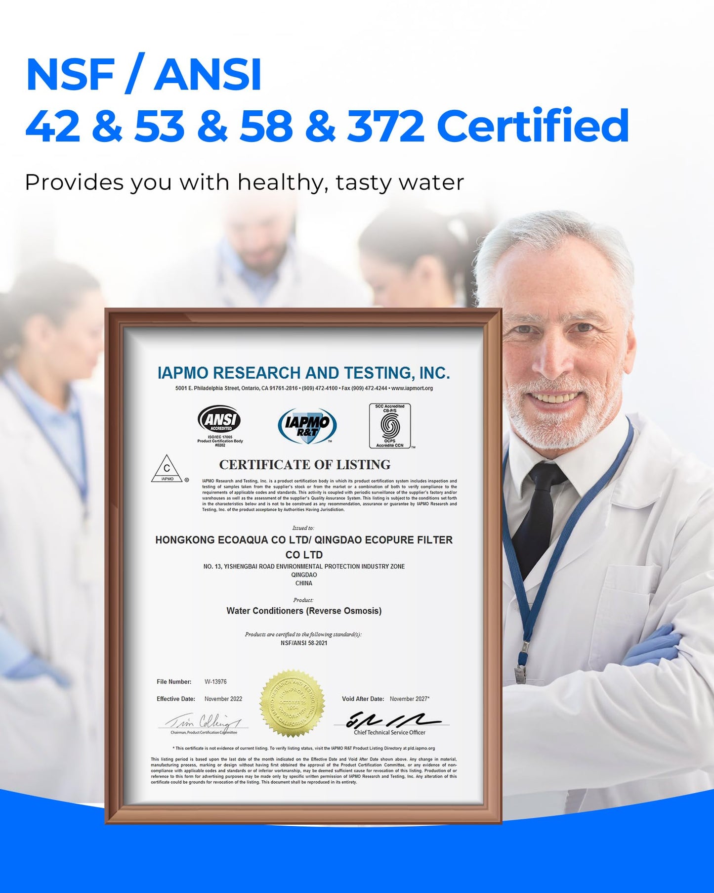 Person in a lab coat standing next to an NSF/ANSI certification certificate