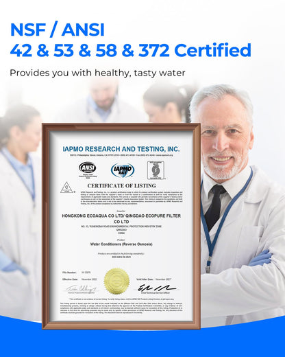 Person in a lab coat standing next to an NSF/ANSI certification certificate