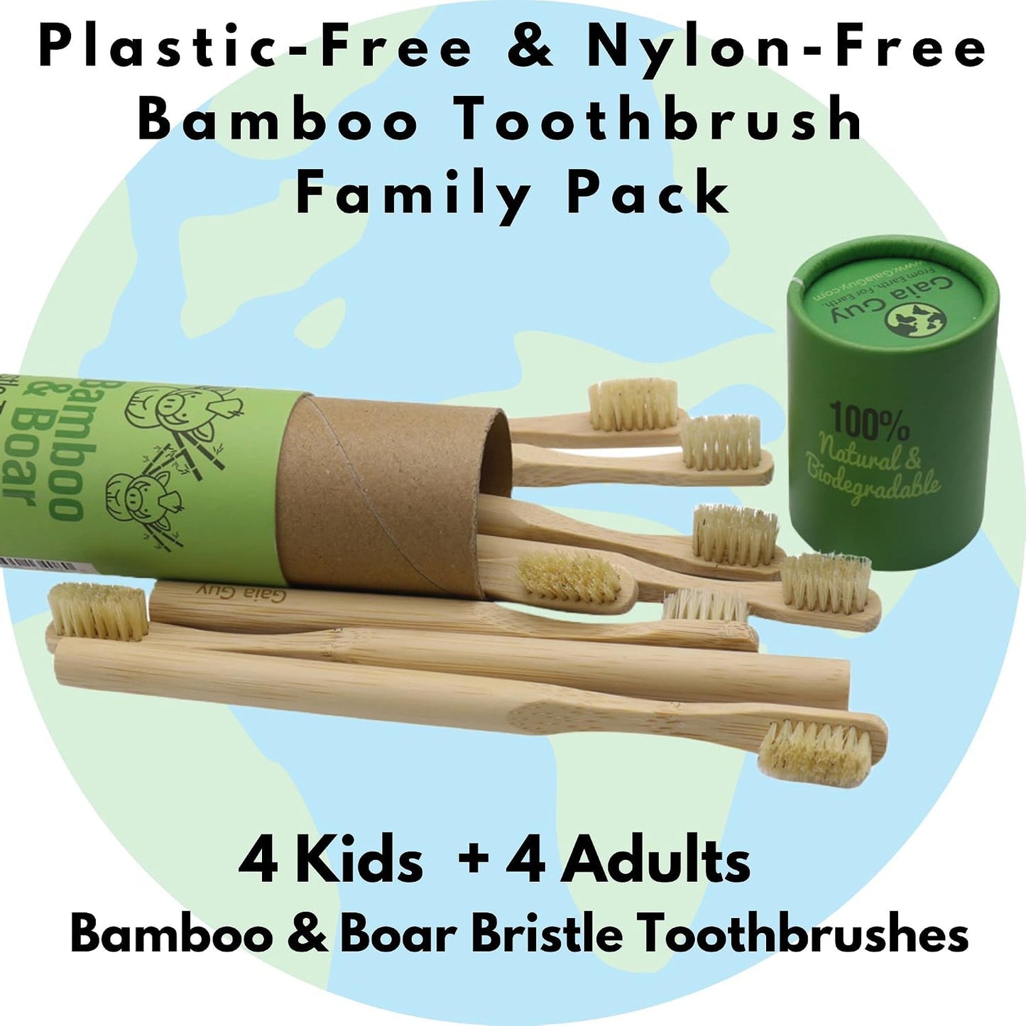 Zero-Microplastic Boar Bristle Bamboo Toothbrushes, Family Pack – Gaia Guy (4 Adult + 4 Kids)