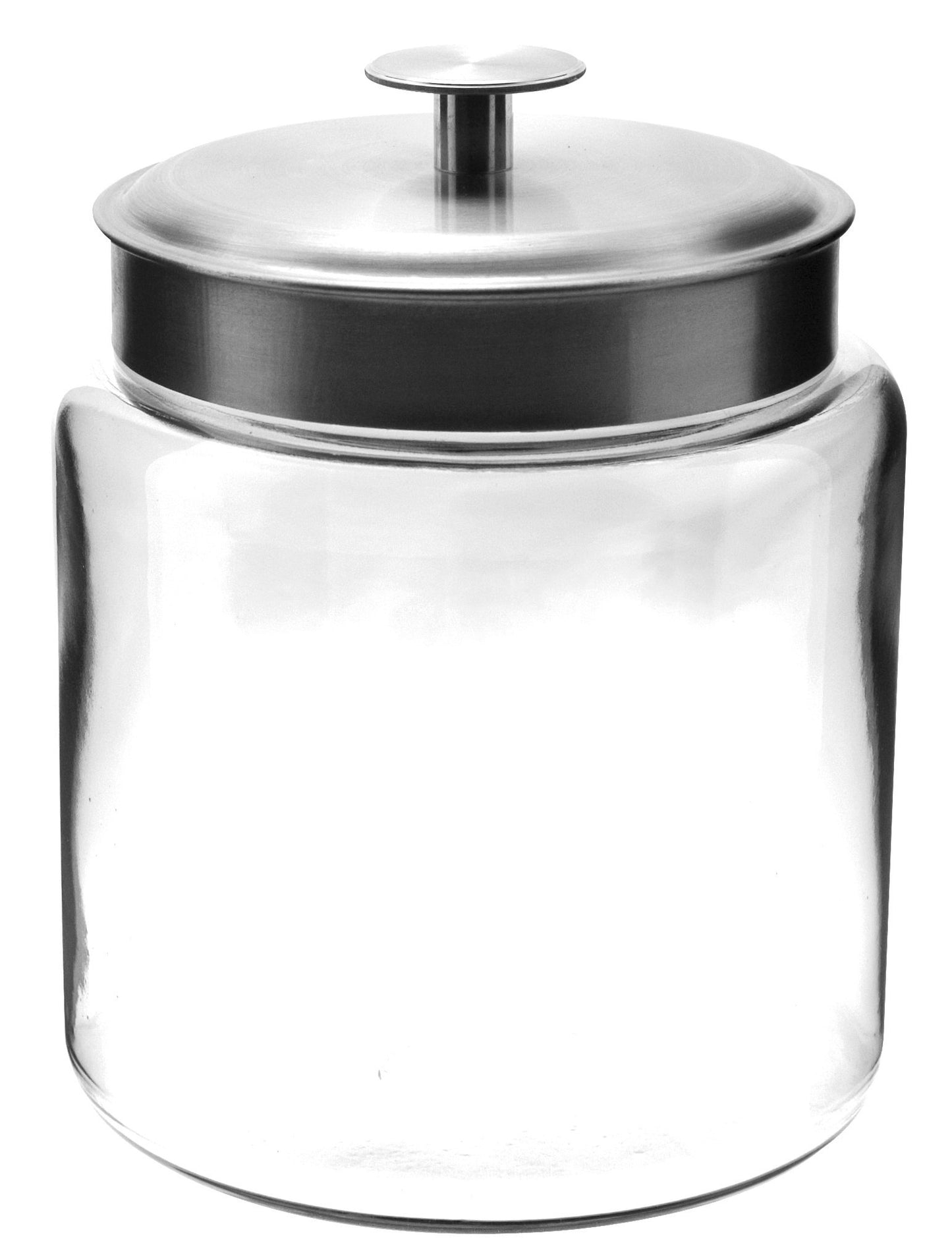 Clear glass jar with a silver metal lid on a white background