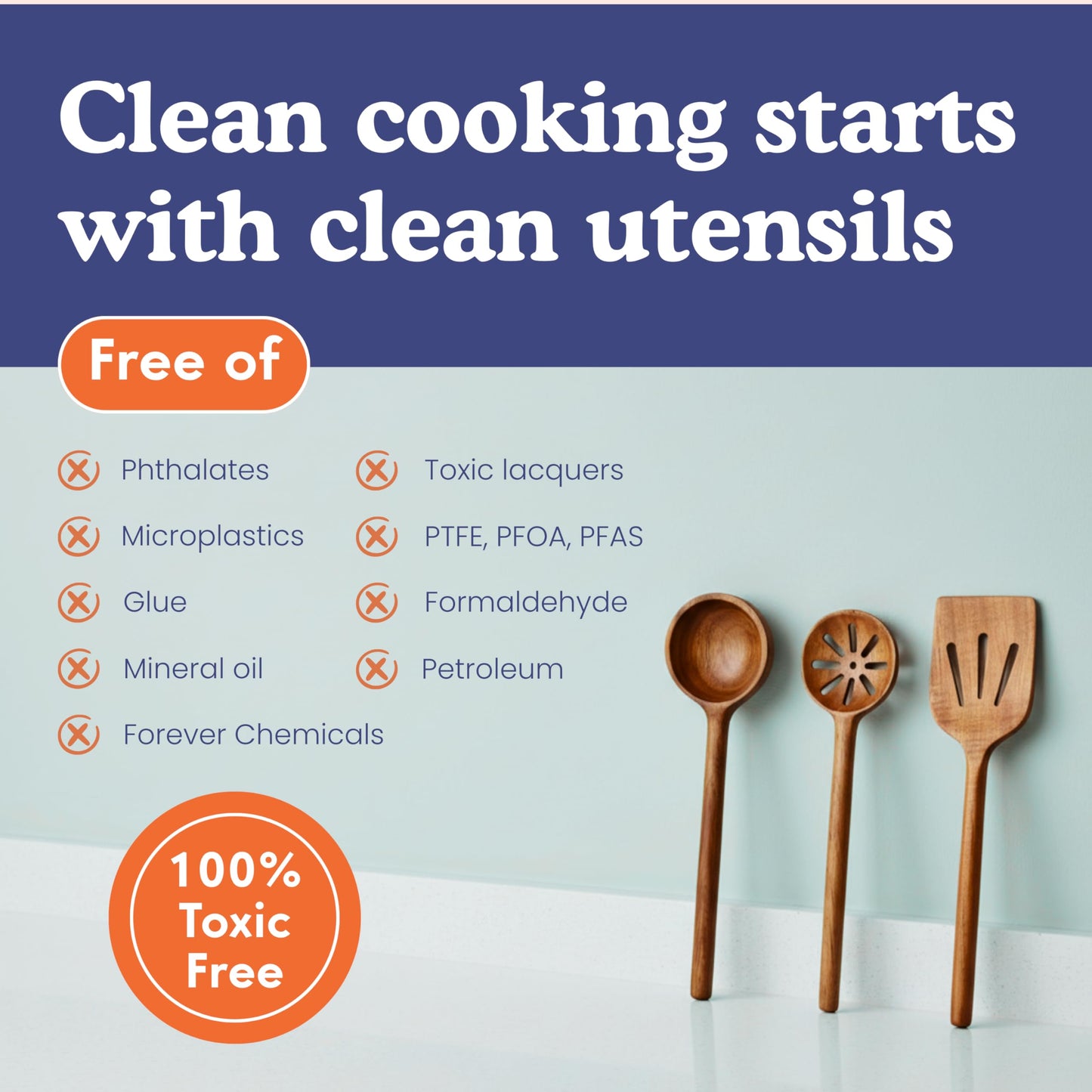 Wooden cooking utensils with a promotional message about being free of toxins on a blue and white background.
