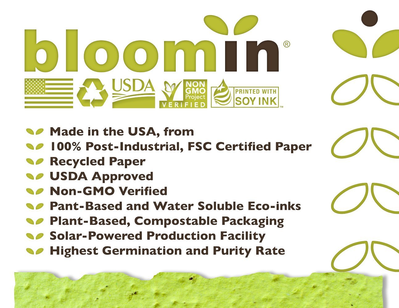 Bloomin product label with sustainability features and certification logos.