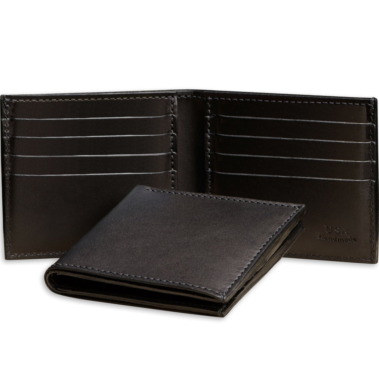Black leather wallet with open design on a white background