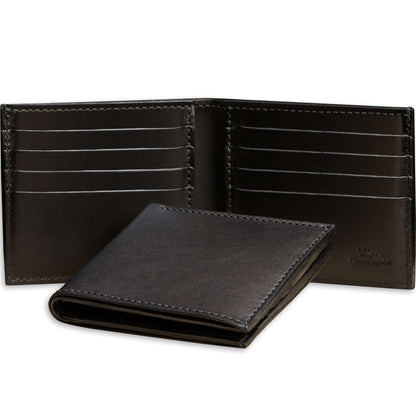 Black leather wallet with open design on a white background
