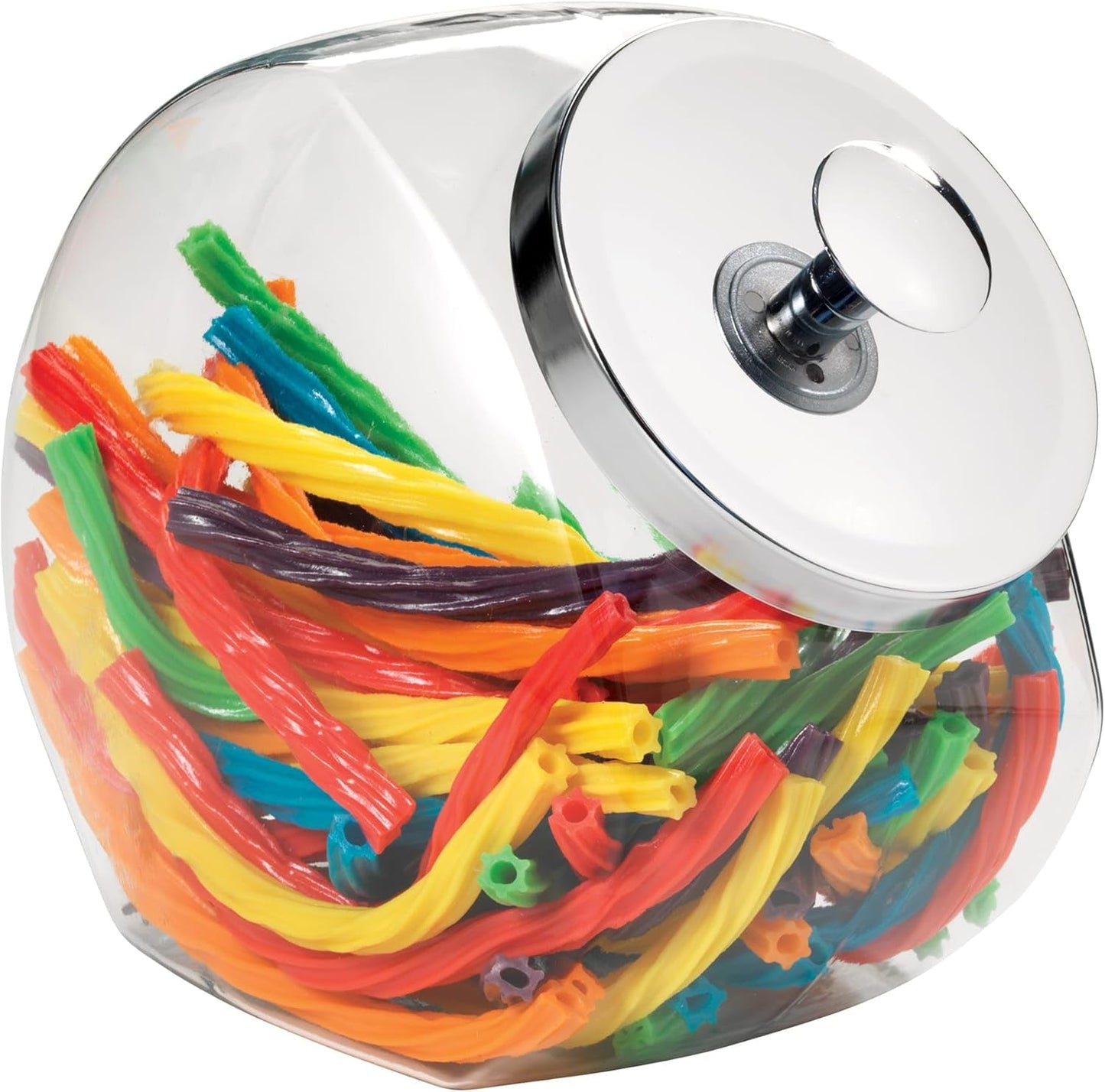 Clear jar with colorful licorice sticks and a silver lid on a white background