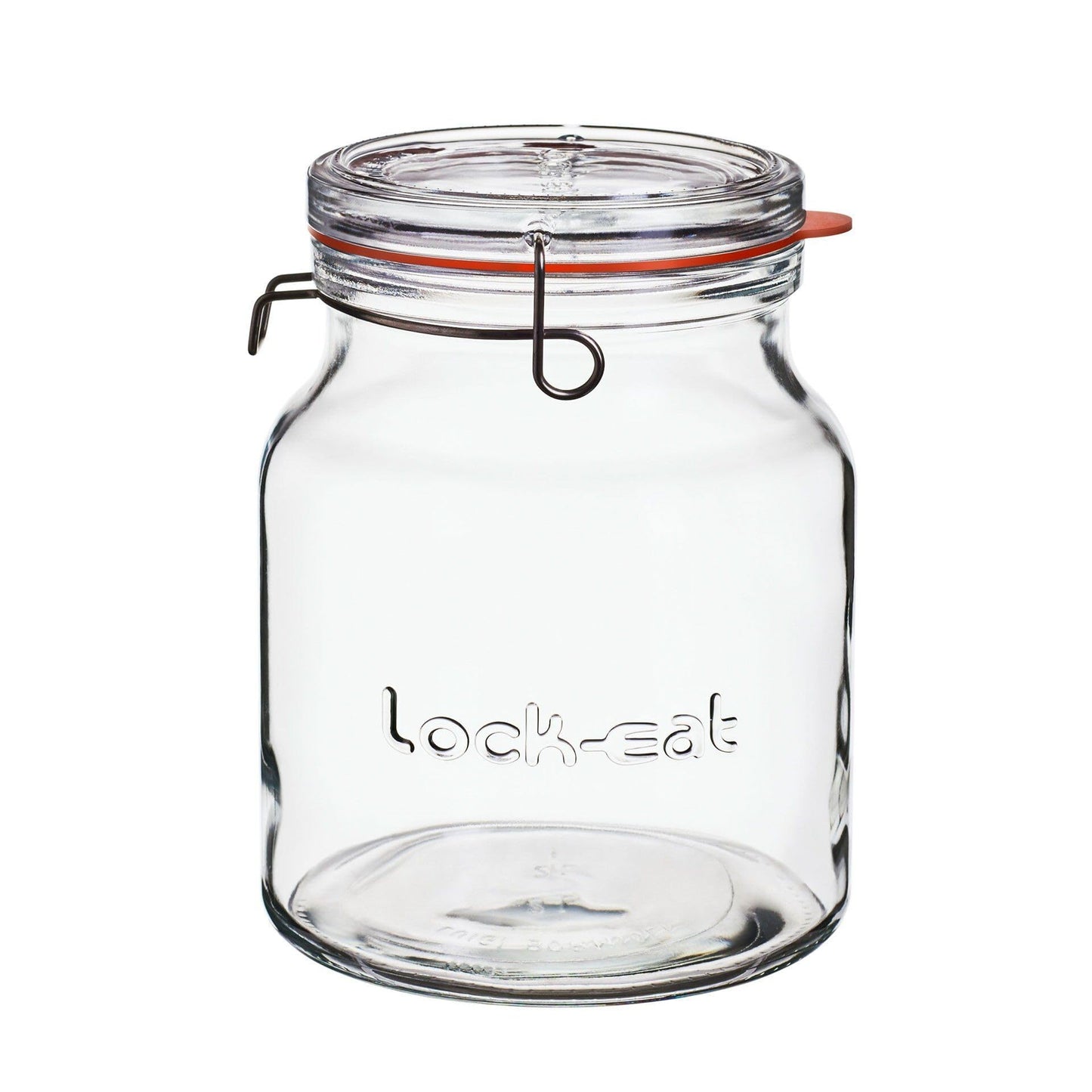 Clear glass jar with a clamp lid on a white background