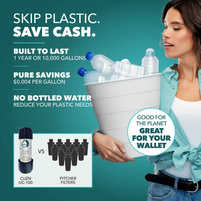 Person holding a bucket of bottled water with promotional text about skipping plastic and saving cash.