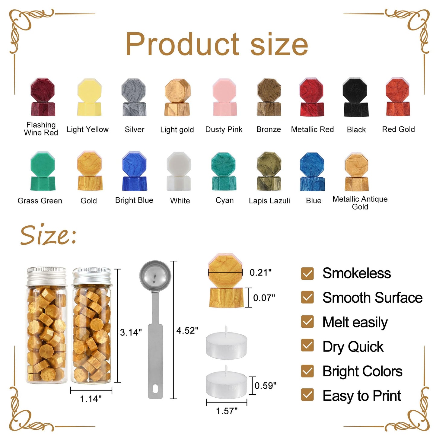 Color swatch chart of sealing wax with various colors and product dimensions and features.