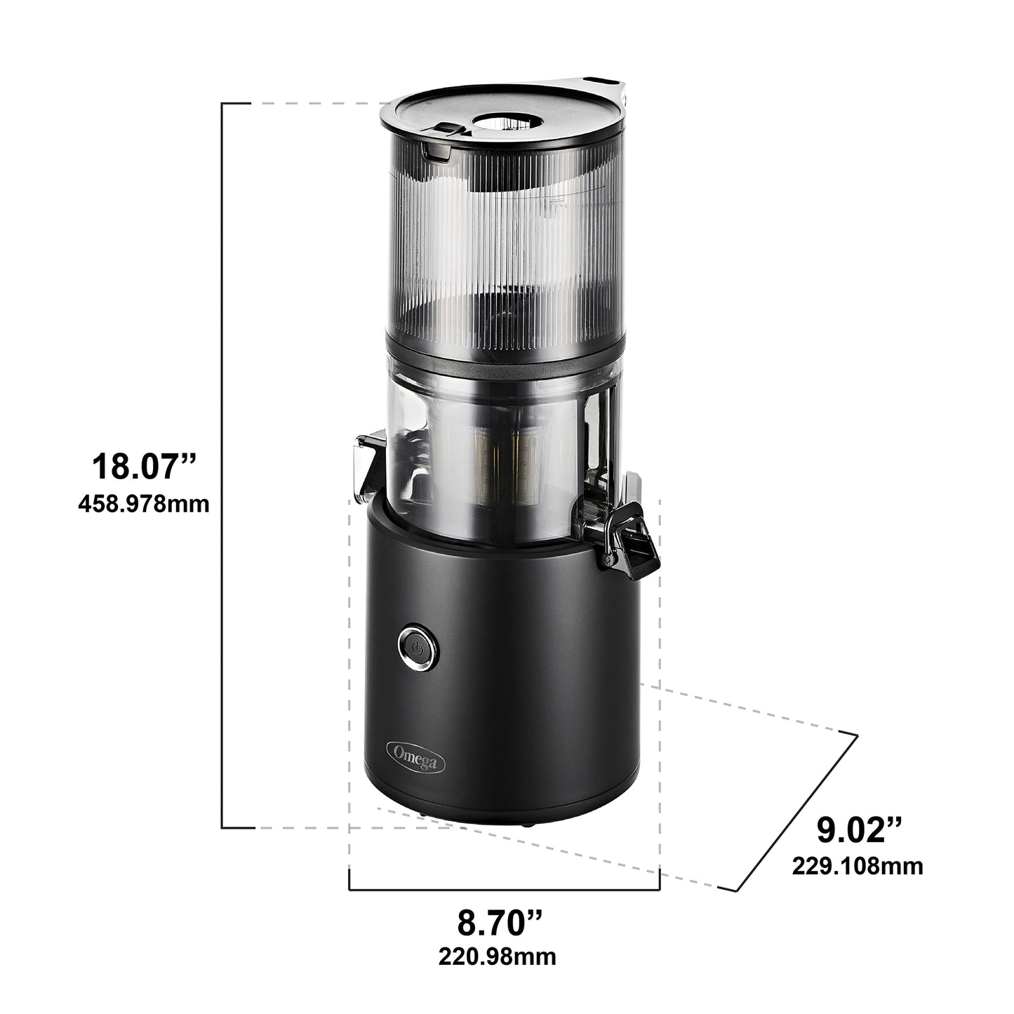 Black juicer with dimensions labeled on a white background