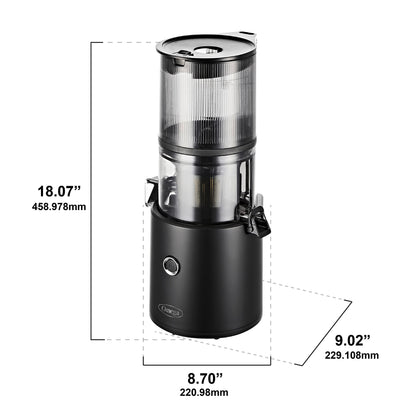Black juicer with dimensions labeled on a white background