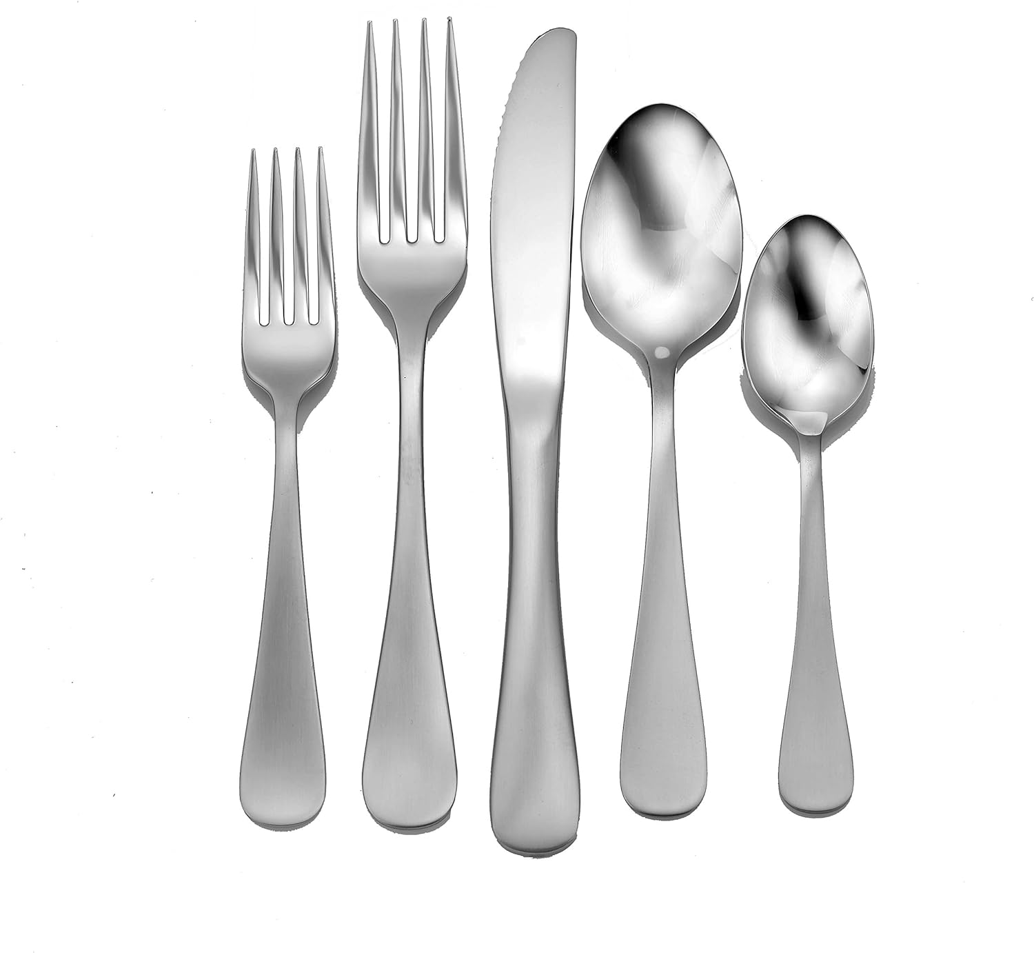 Liberty Tabletop Satin Annapolis Flatware (45-Piece Set for 8, Made in USA) including forks, knife, and spoons on a white background
