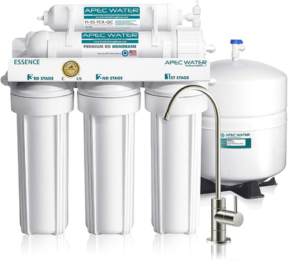 Apec Water filtration system with multiple stages and a faucet on a white background