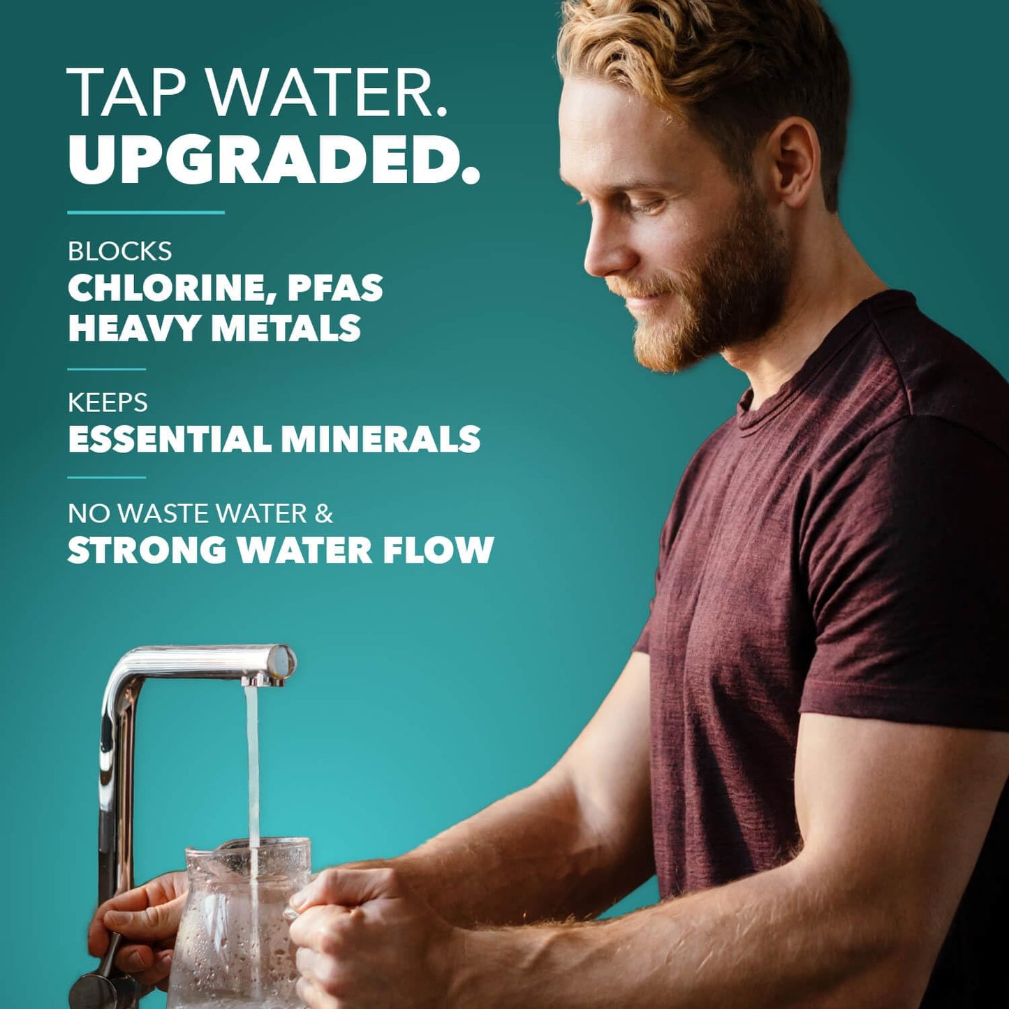 Man pouring water from a tap into a glass with promotional text about tap water quality on a teal background.