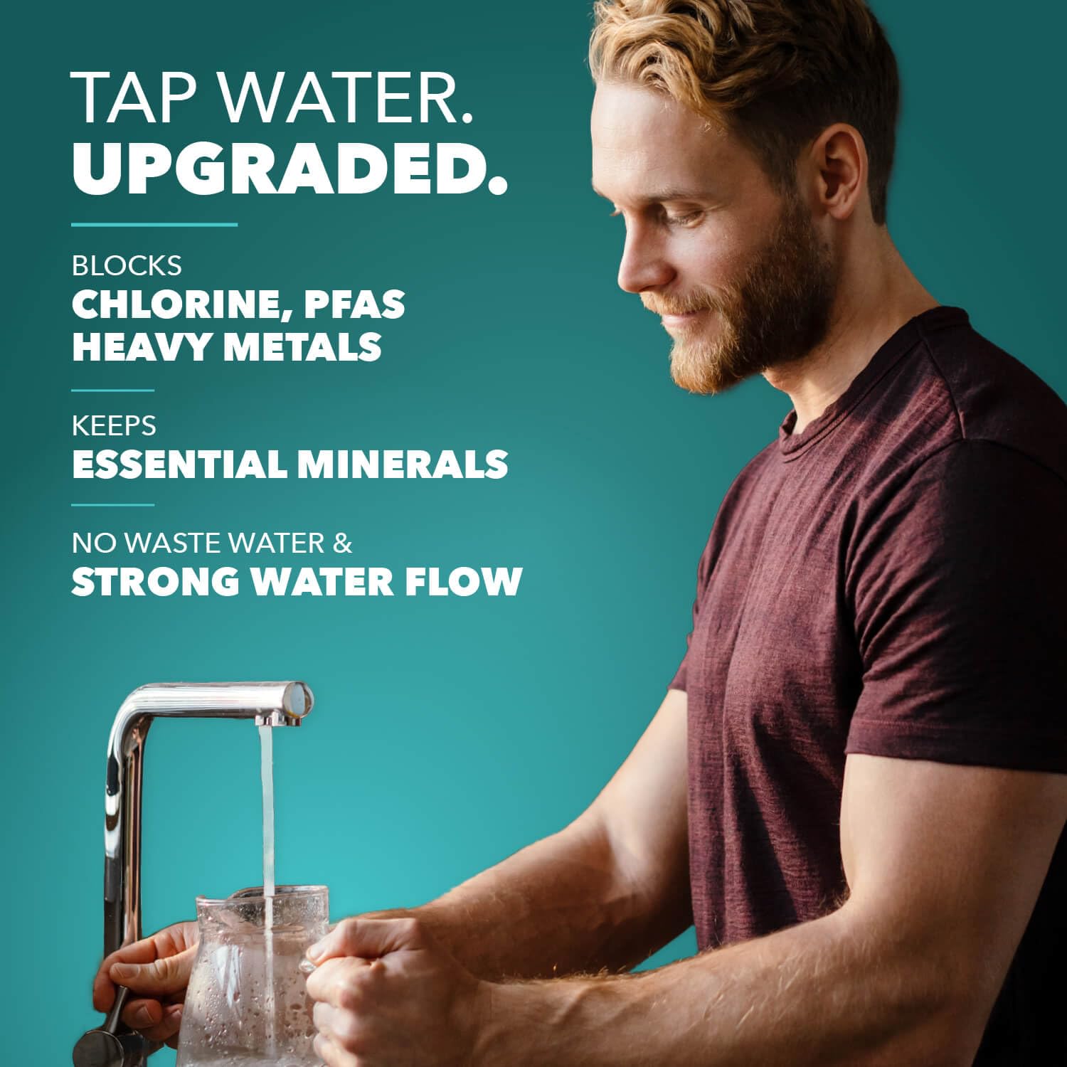 Man pouring water from a tap into a glass with promotional text about tap water quality on a teal background.
