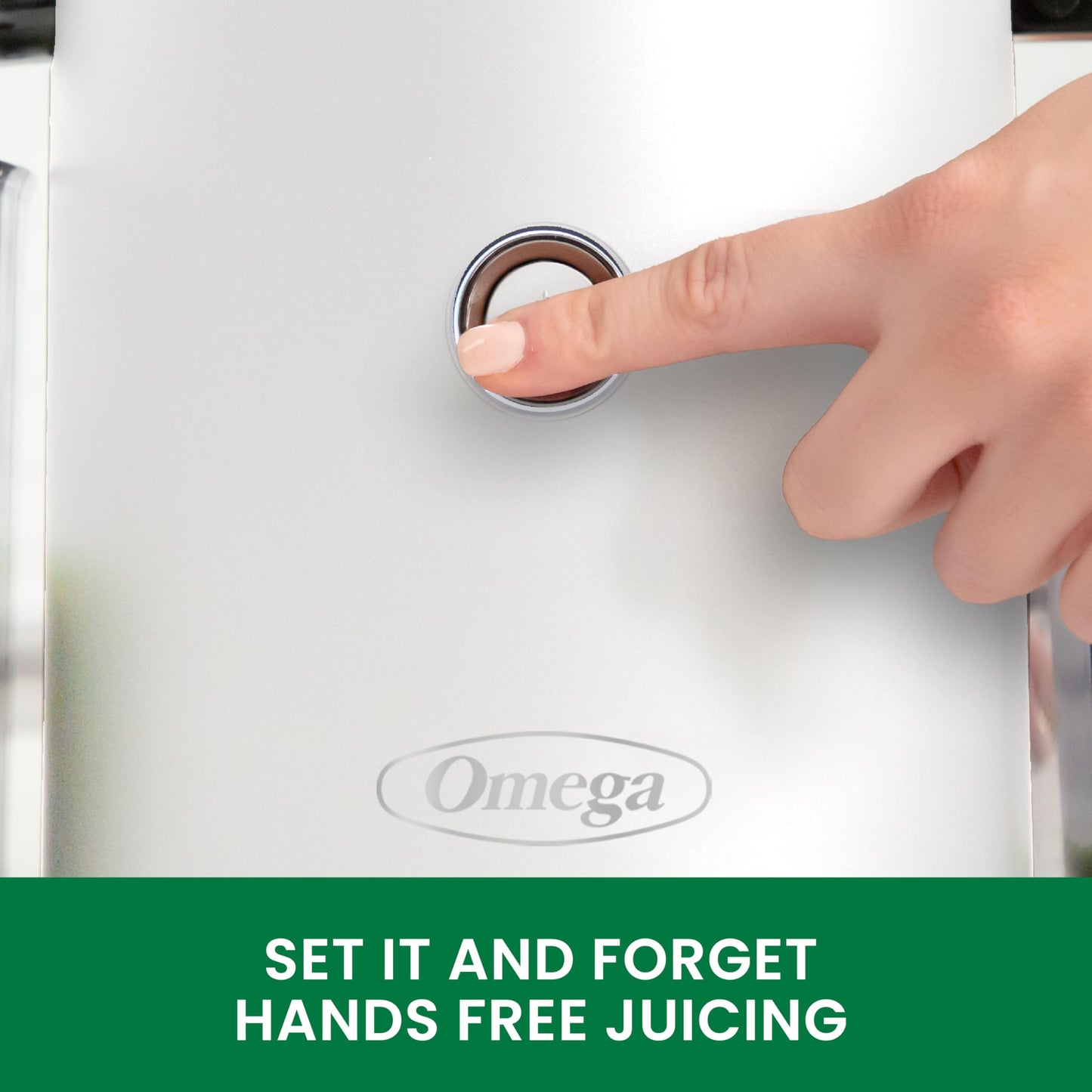 Hand pressing a button on an Omega juicer with text 'Set it and forget hands free juicing'.
