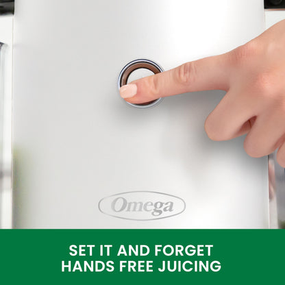 Hand pressing a button on an Omega juicer with text 'Set it and forget hands free juicing'.