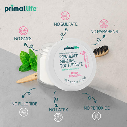 Primalife powdered mineral toothpaste with product and feature icons on a neutral background
