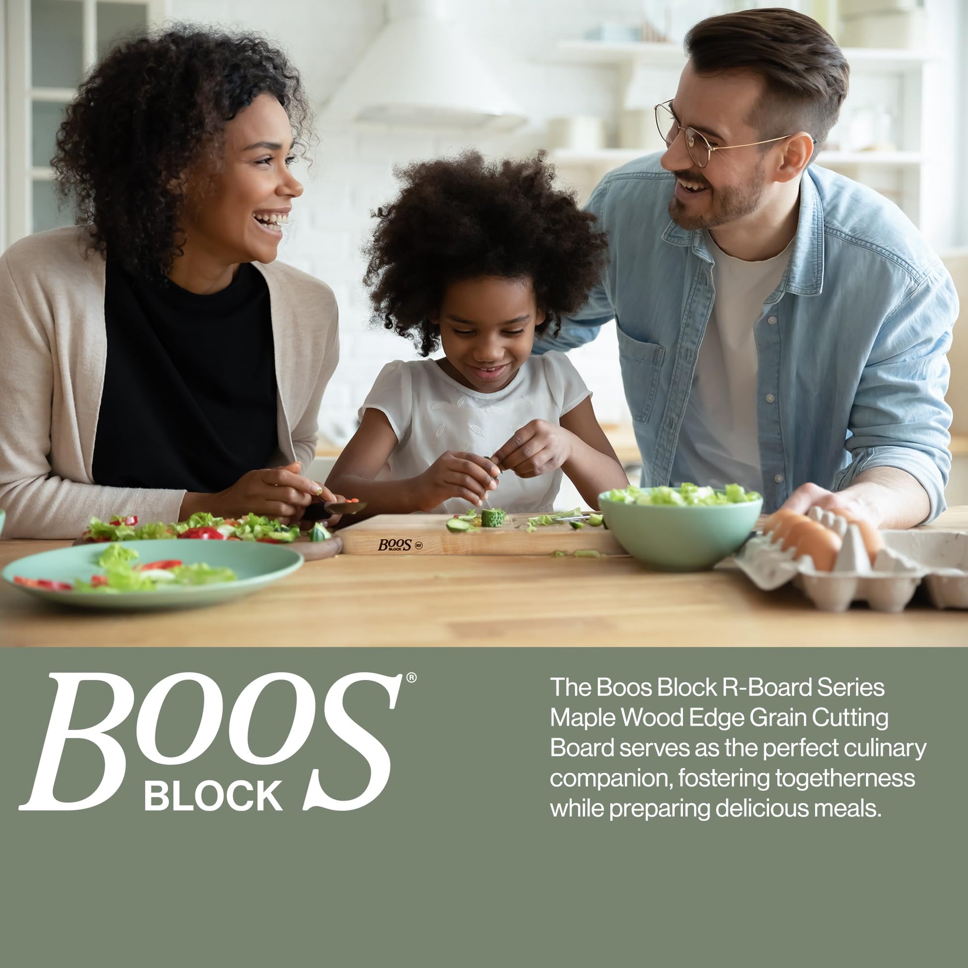 Family preparing food together with Boos Block cutting board in the foreground