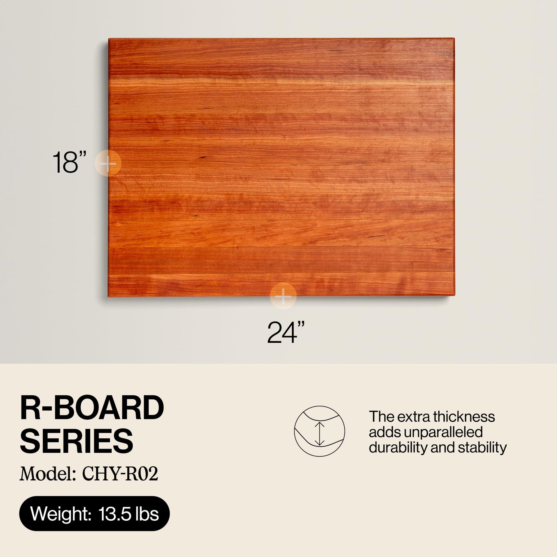 Wooden cutting board with dimensions and product details on a light gray background
