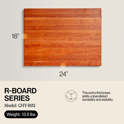 Wooden cutting board with dimensions and product details on a light gray background