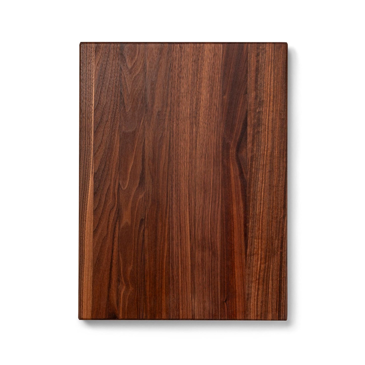 Wooden cutting board with a dark brown finish on a white background