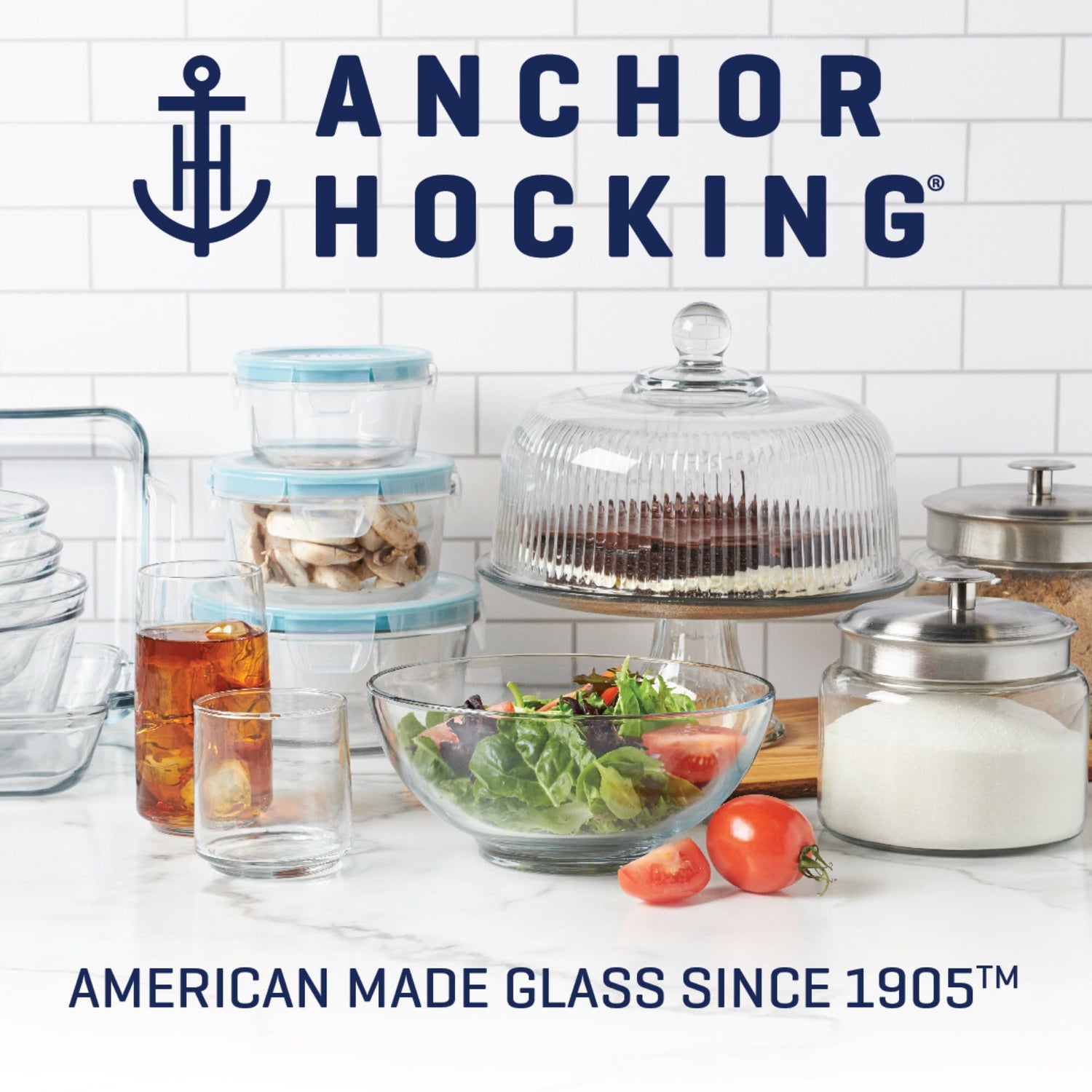 Anchor Hocking glassware on a kitchen counter with the brand logo and text 'American made glass since 1905'.