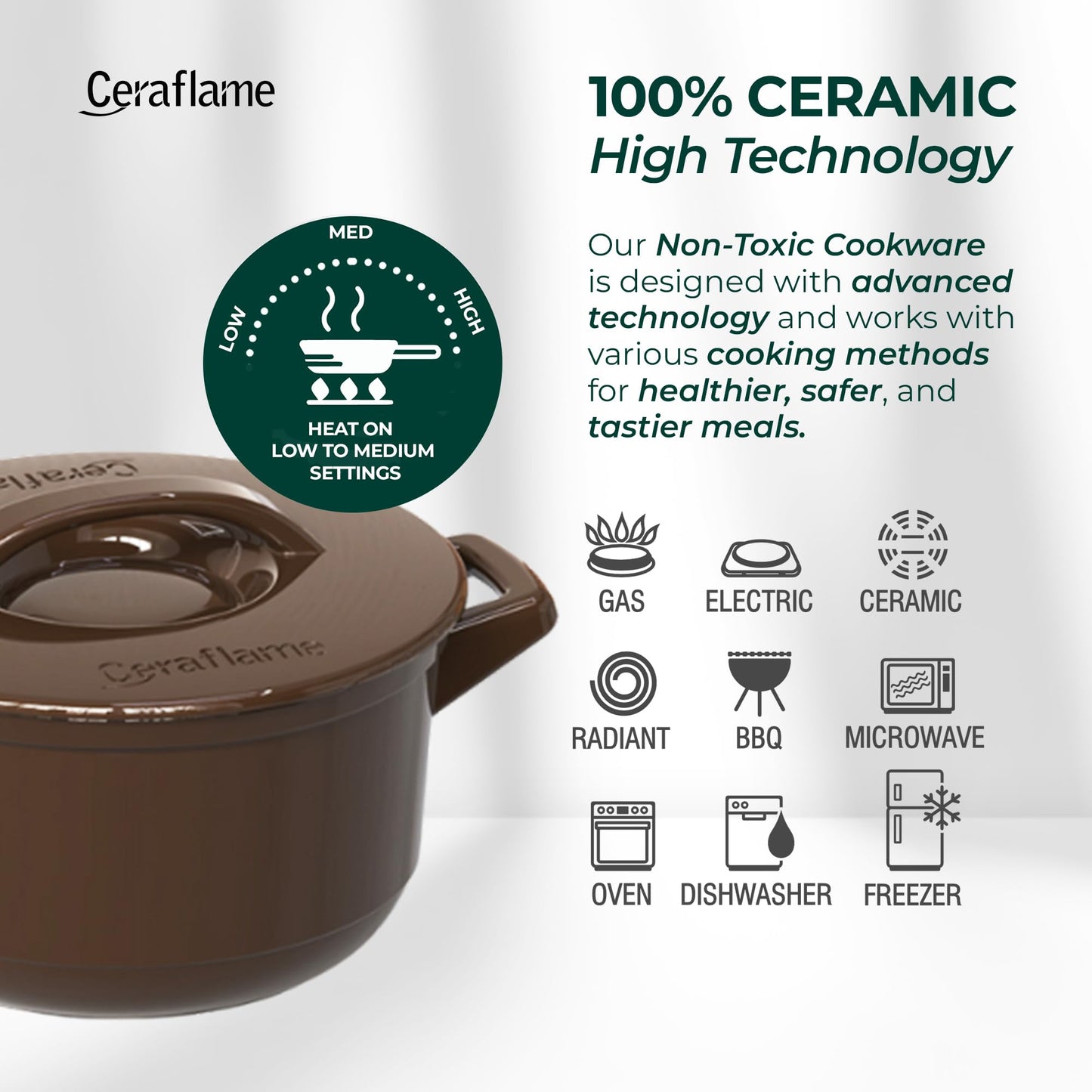 Ceraflame ceramic cookware with features and compatibility icons on a white background
