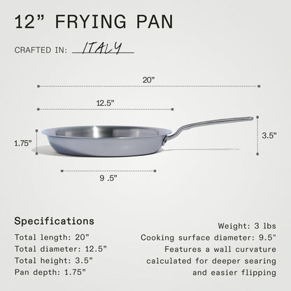 12-inch frying pan with dimensions and specifications on a white background