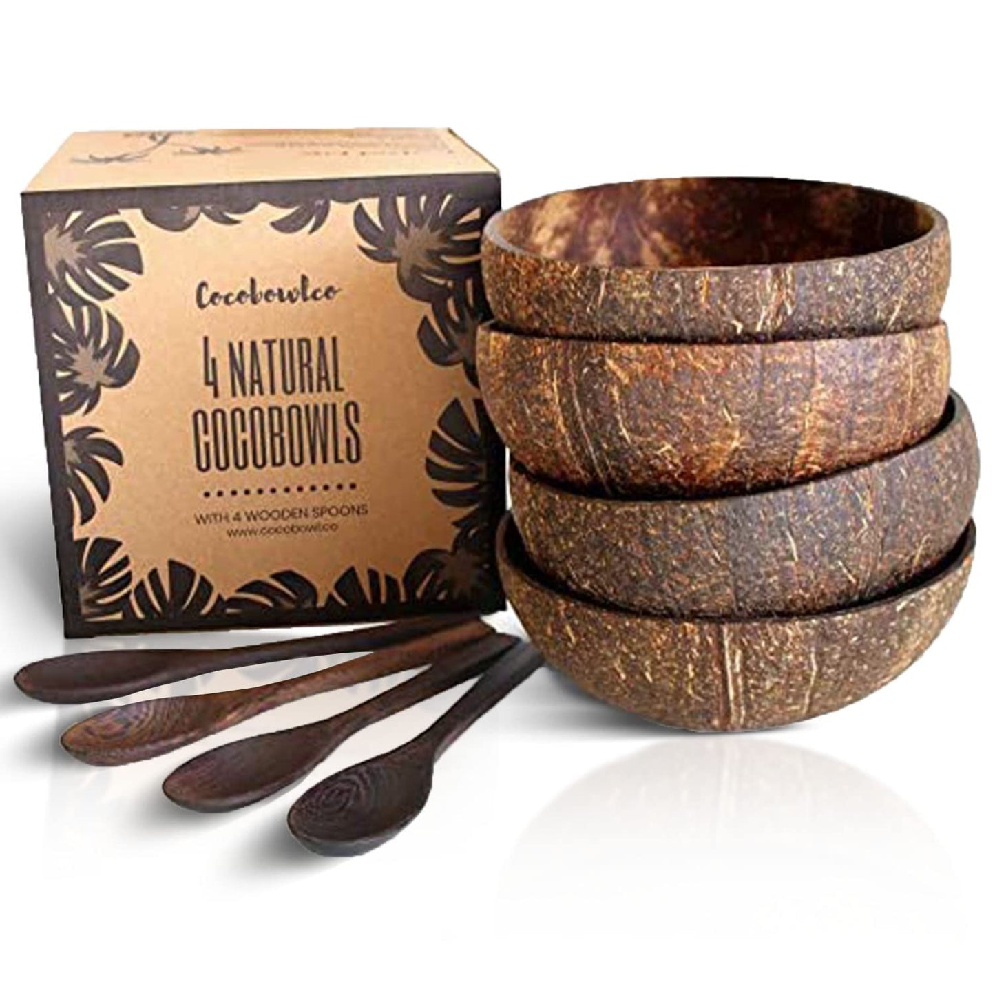 Cocobowlco coconut bowl set with four wooden spoons on a white background