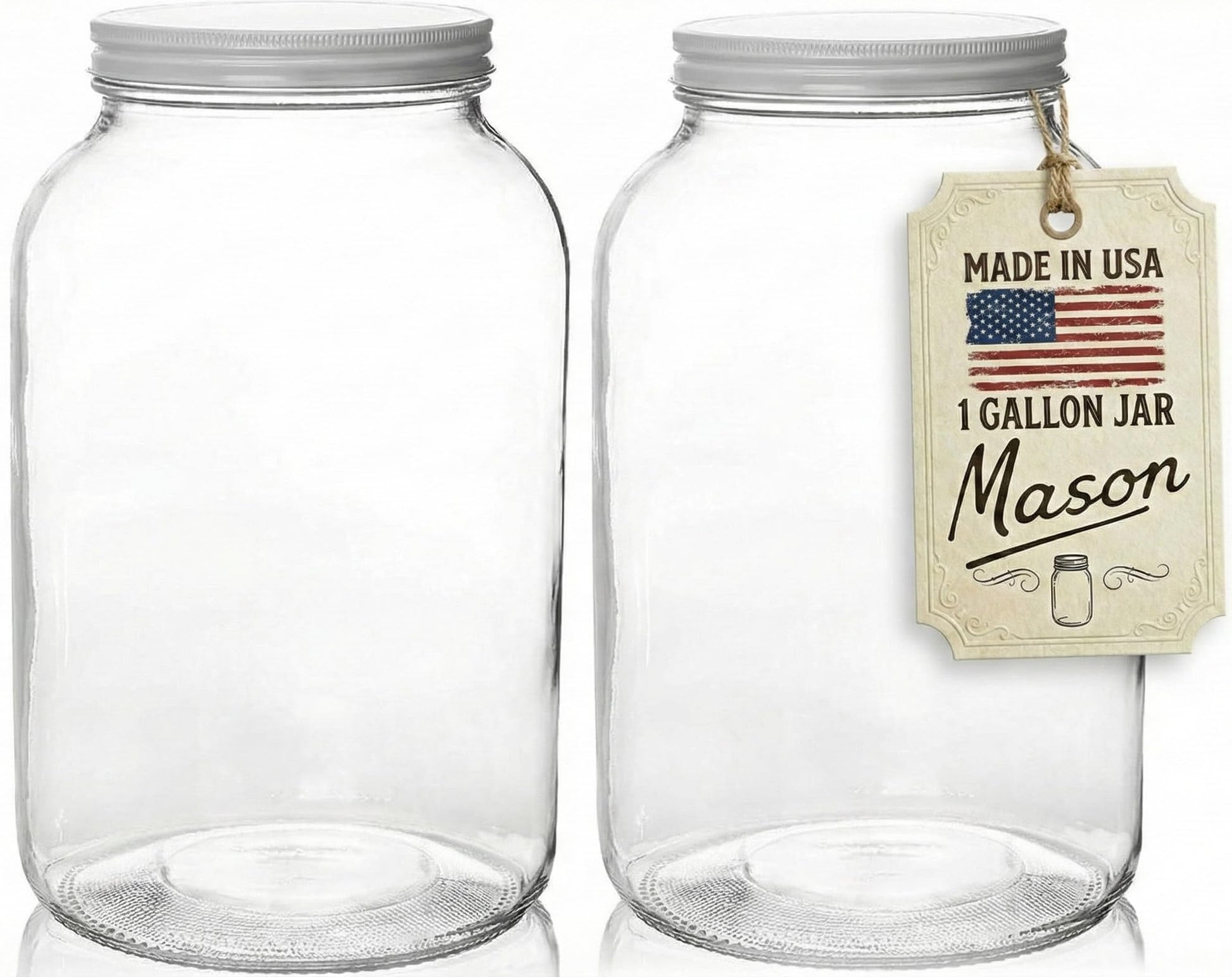 Two glass jars with metal lids and a 'Made in USA' tag on a white background