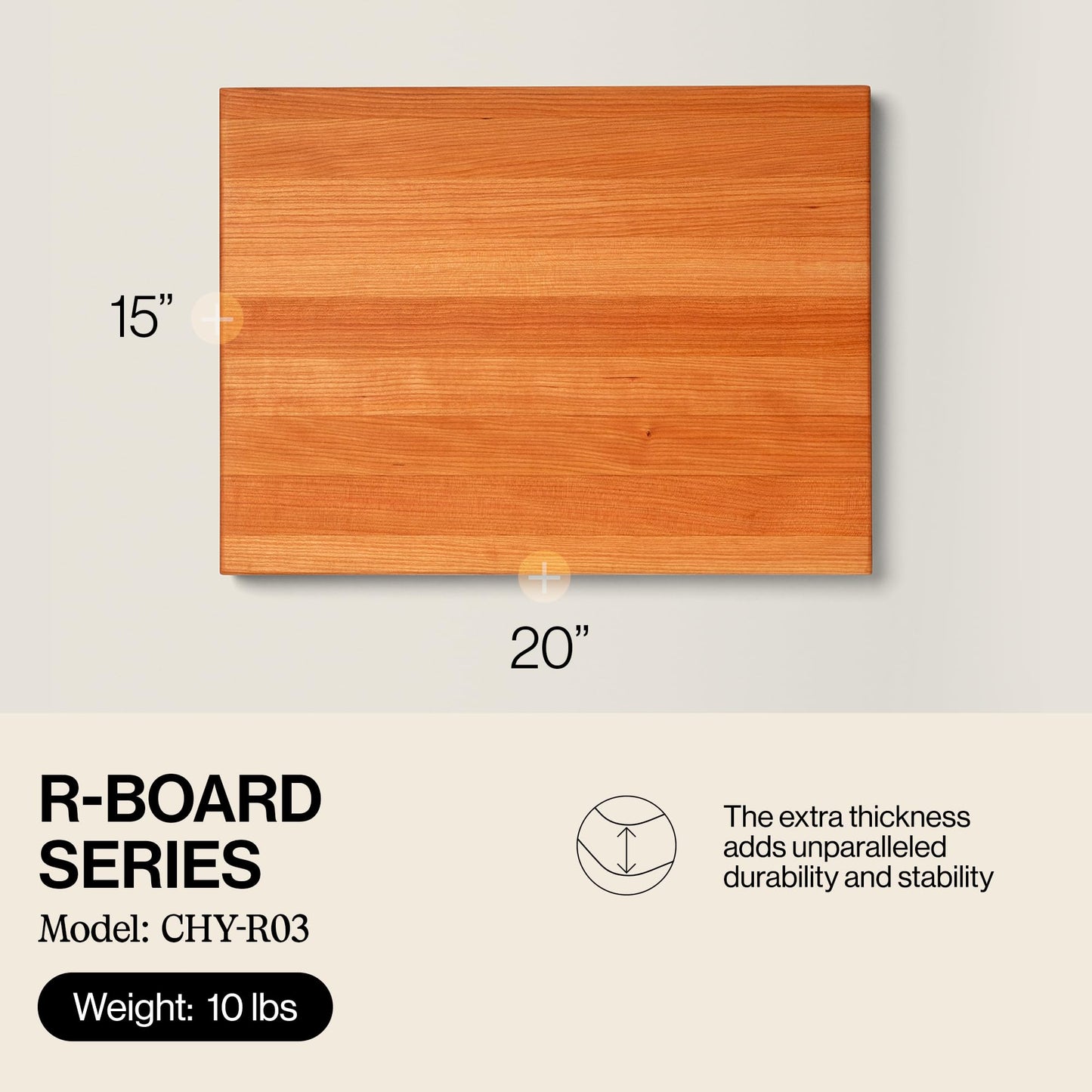 Wooden R-Board with dimensions and product details on a light gray background