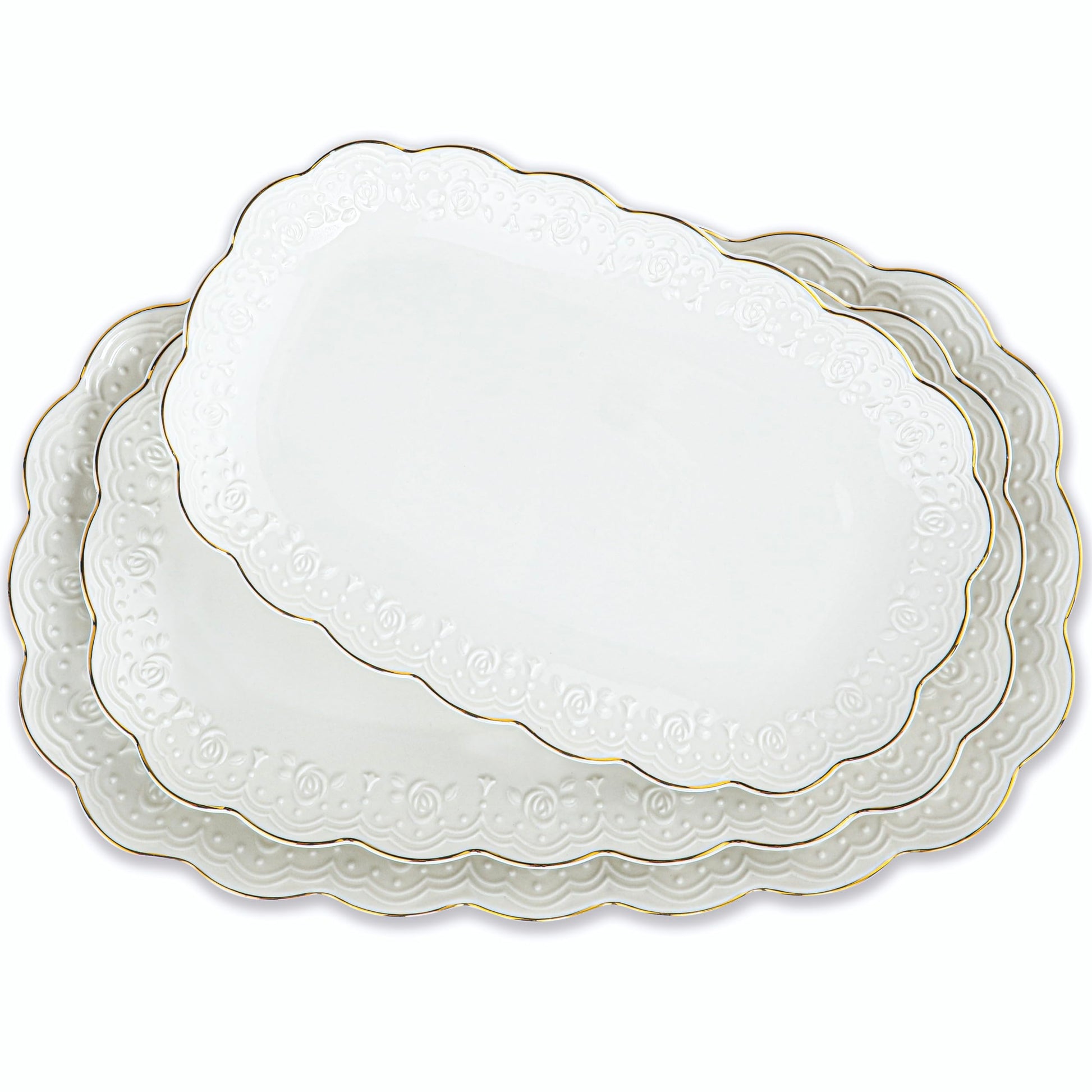 Kassel ceramic serving platters with decorative edges on a white background