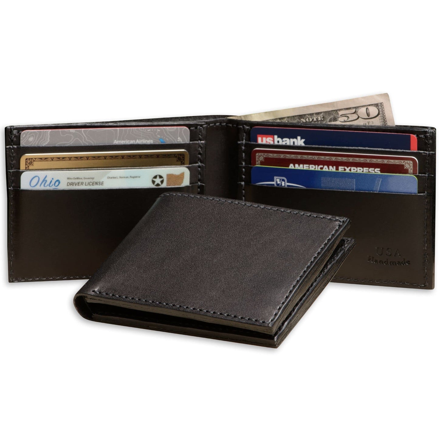 Black leather wallet with cards and money on a white background
