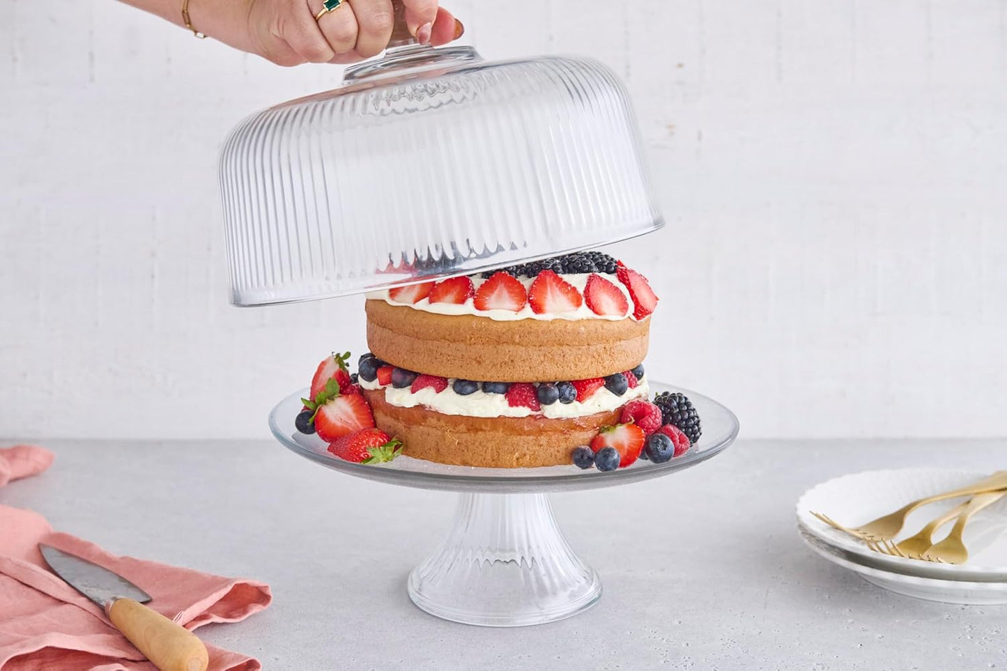 Layered cake with berries on a Anchor Hocking Monaco Glass Cake Set (Made in USA).