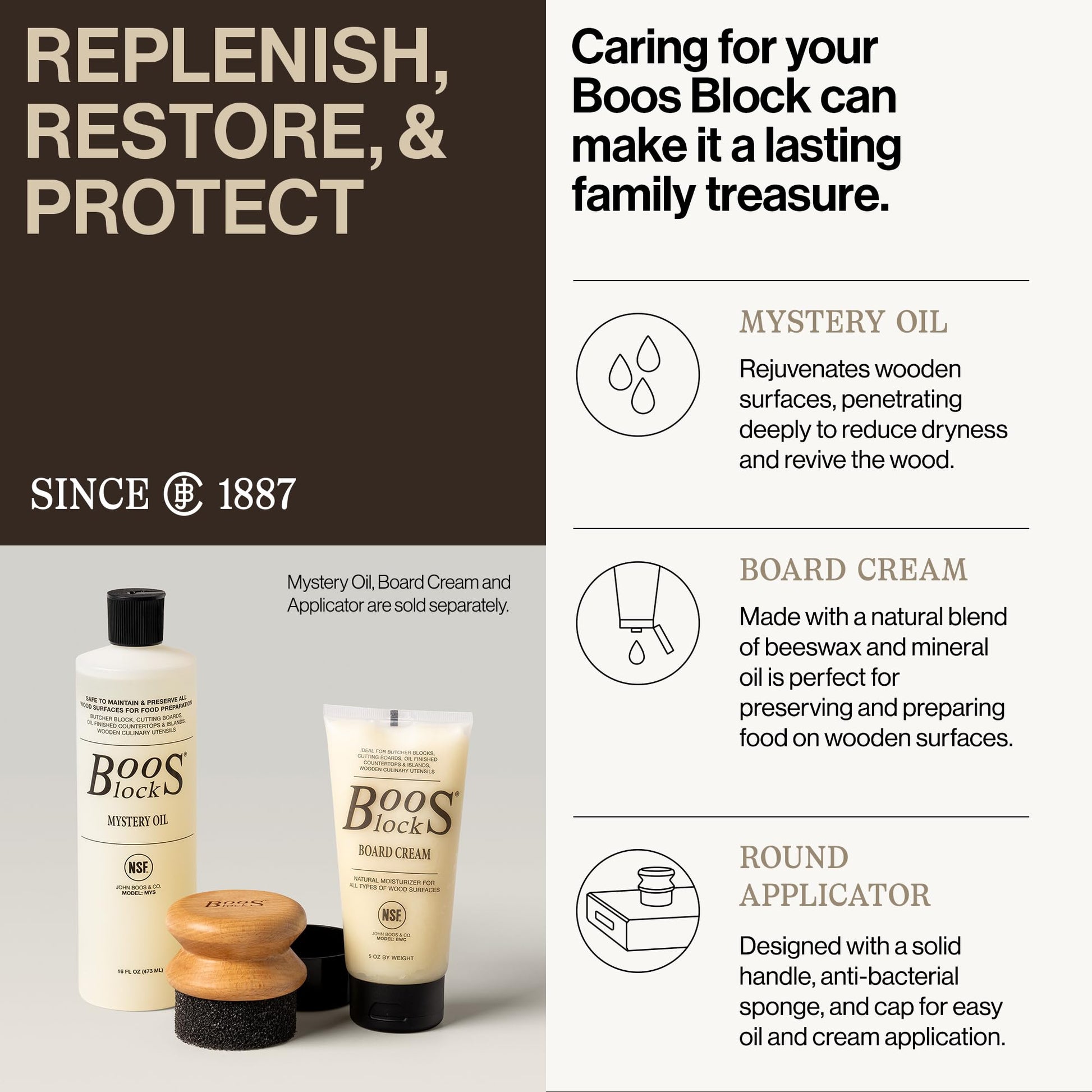 Boos Block product set with bottles and a tube, accompanied by text about product features and history.
