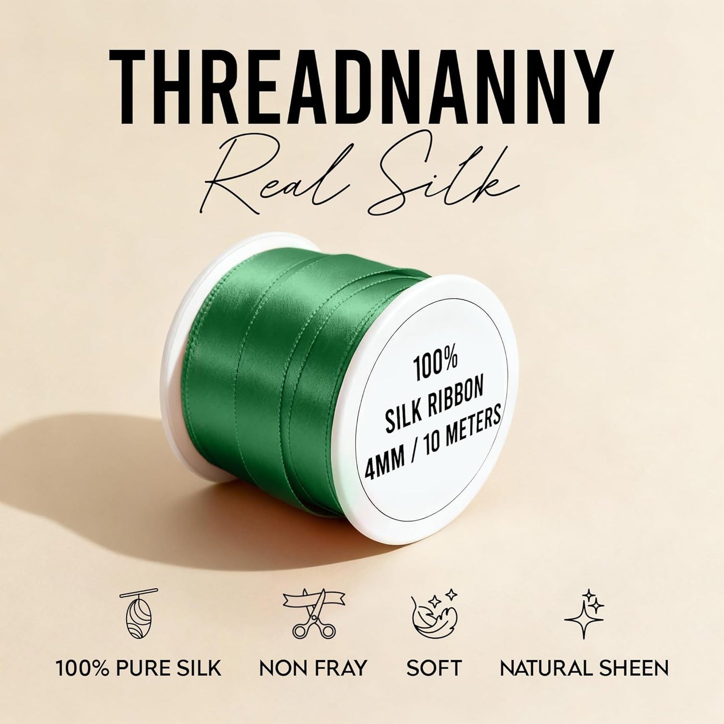 Green silk ribbon spool with 'ThreadNanny' branding on a beige background