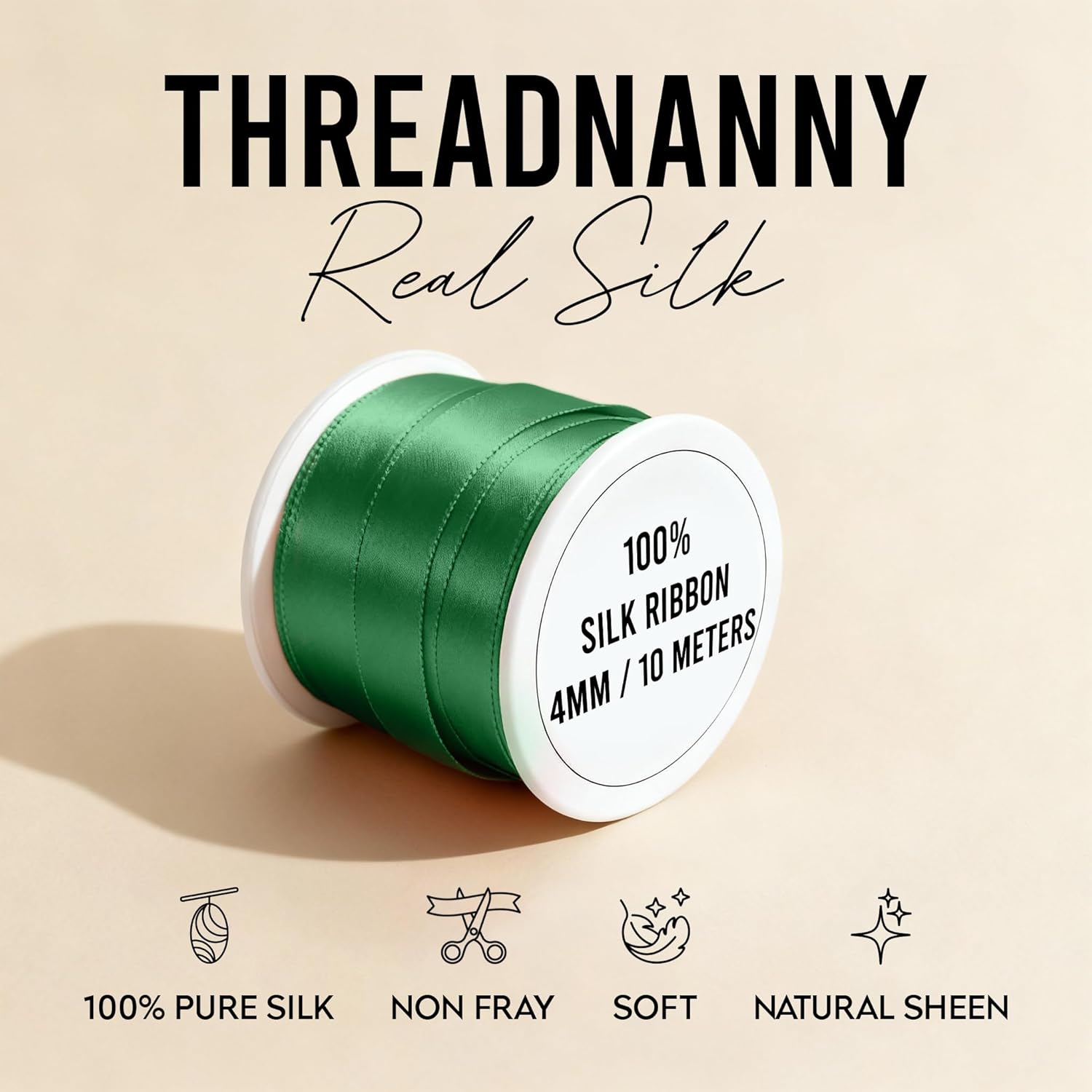 Green silk ribbon spool with 'ThreadNanny' branding on a beige background