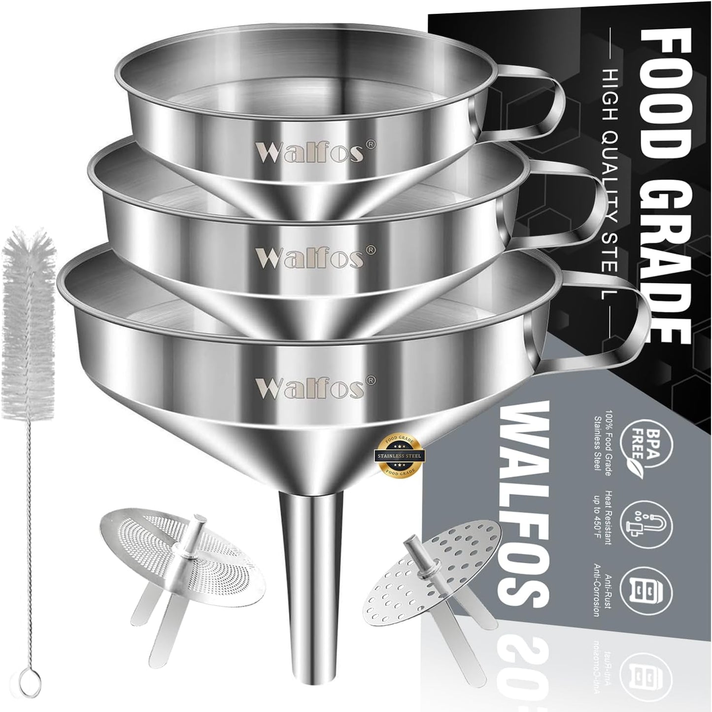 Set of stainless steel funnels with a cleaning brush and packaging on a white background