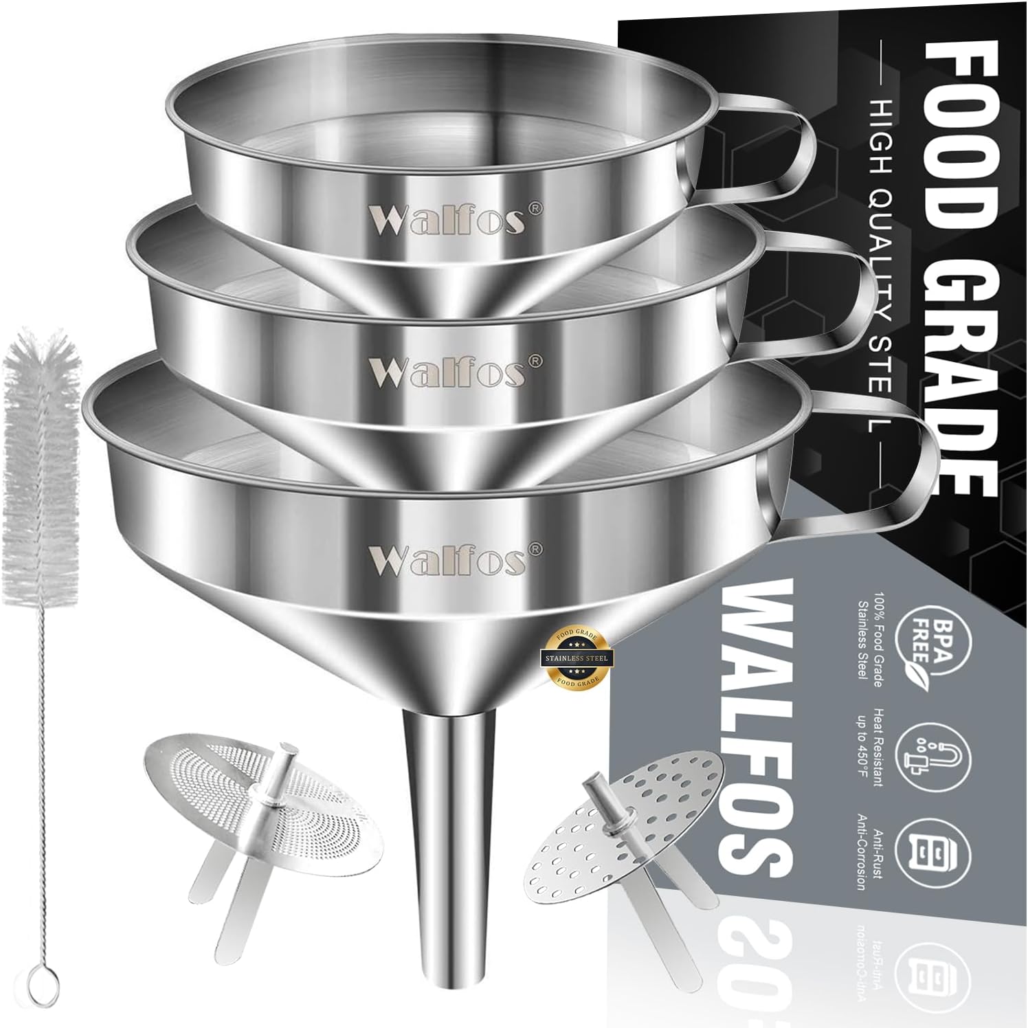 Set of stainless steel funnels with a cleaning brush and packaging on a white background