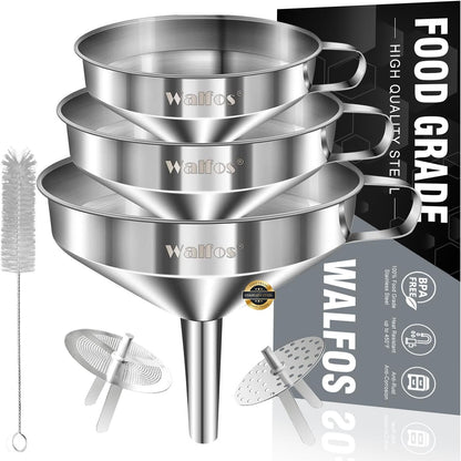 Set of stainless steel funnels with a cleaning brush and packaging on a white background
