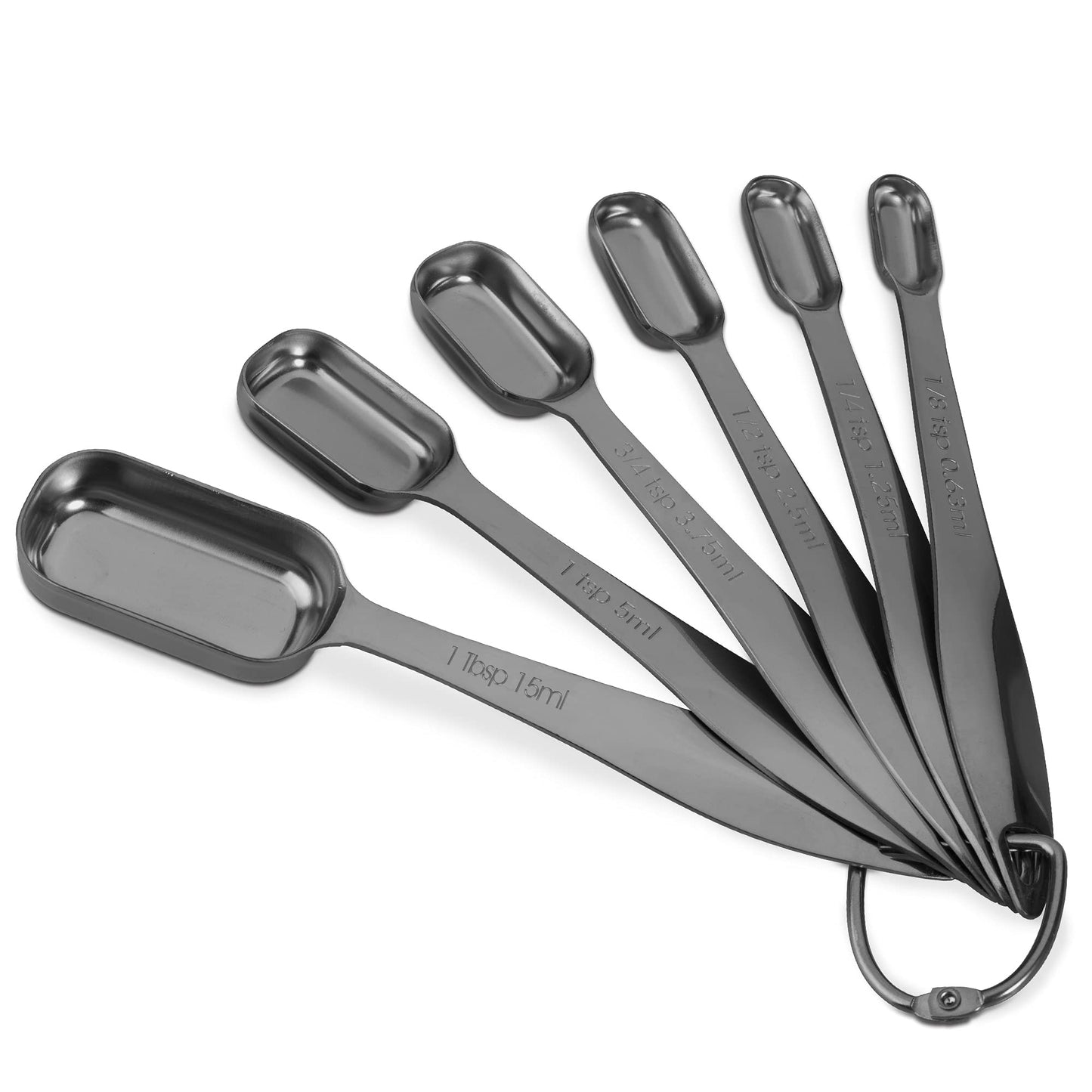 Set of six stainless steel measuring spoons on a white background