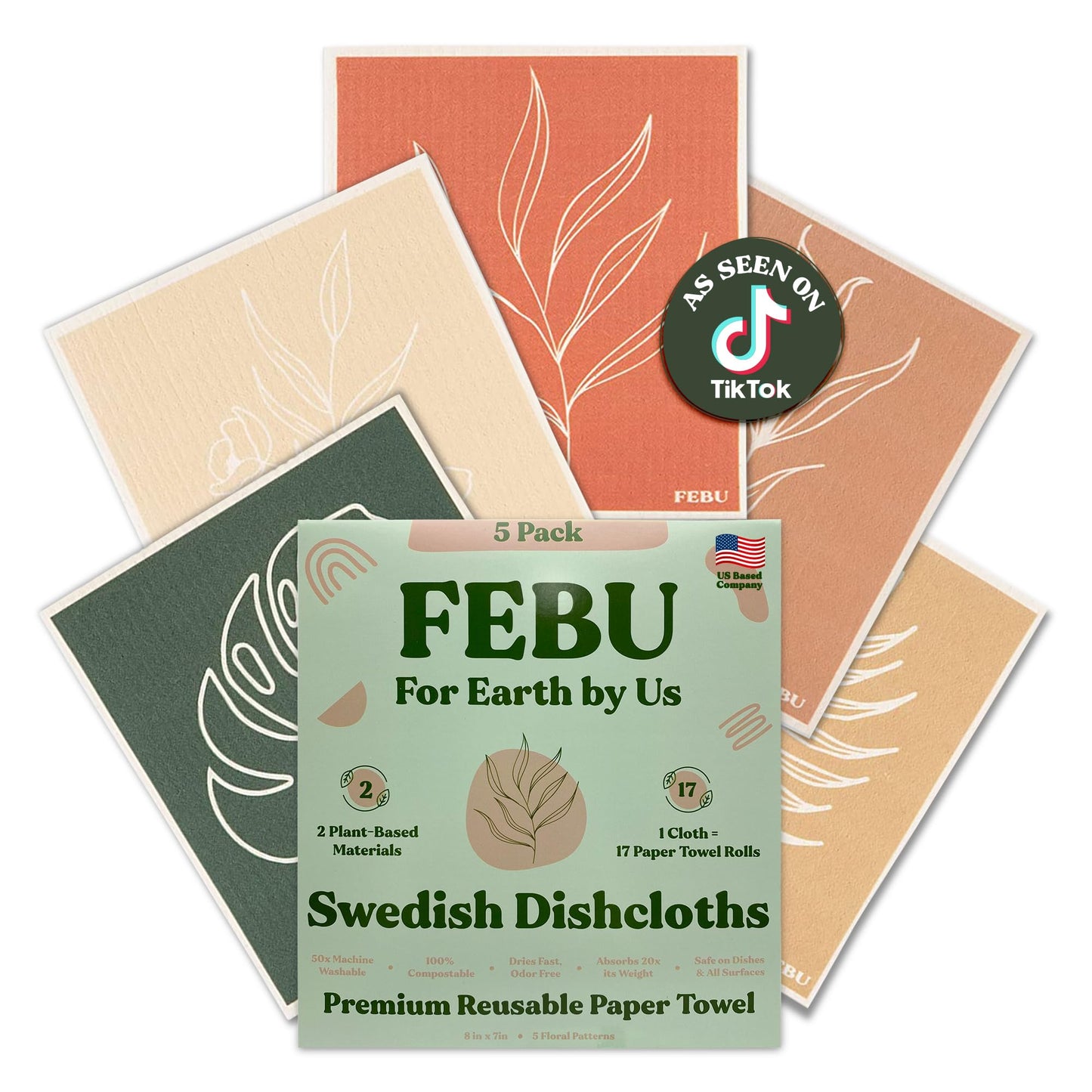 FEBU Reusable Swedish Dishcloths for Kitchen (5-Pack Sunset)